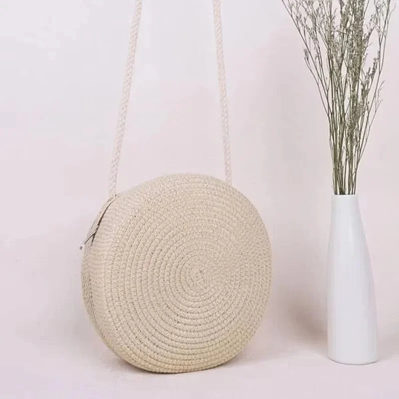 Round Woven-Look Crossbody Shoulder Bag with Zipper for Everyday Outfits