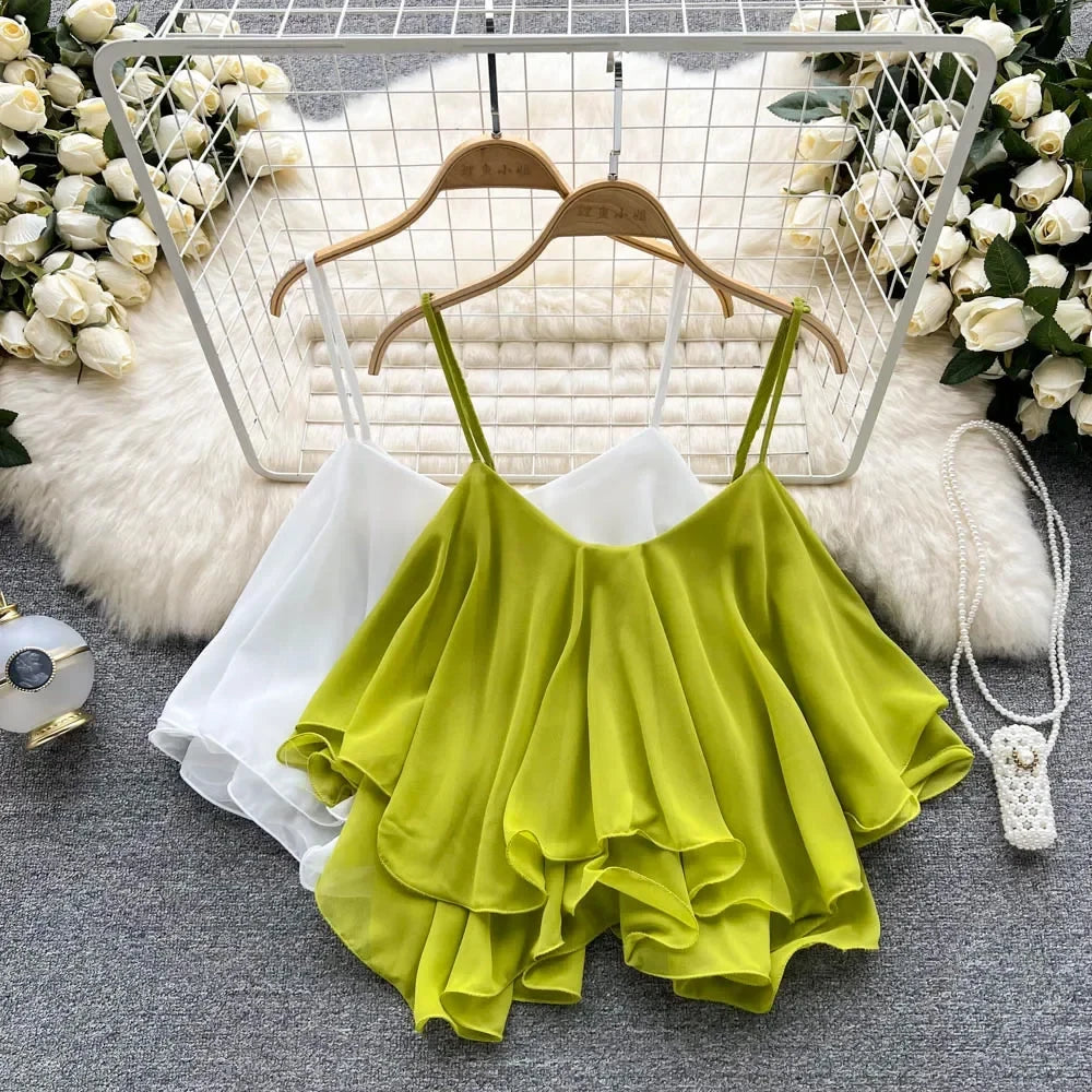 Women's Ruffle Hem Crop Top with Spaghetti Straps and Cropped Length