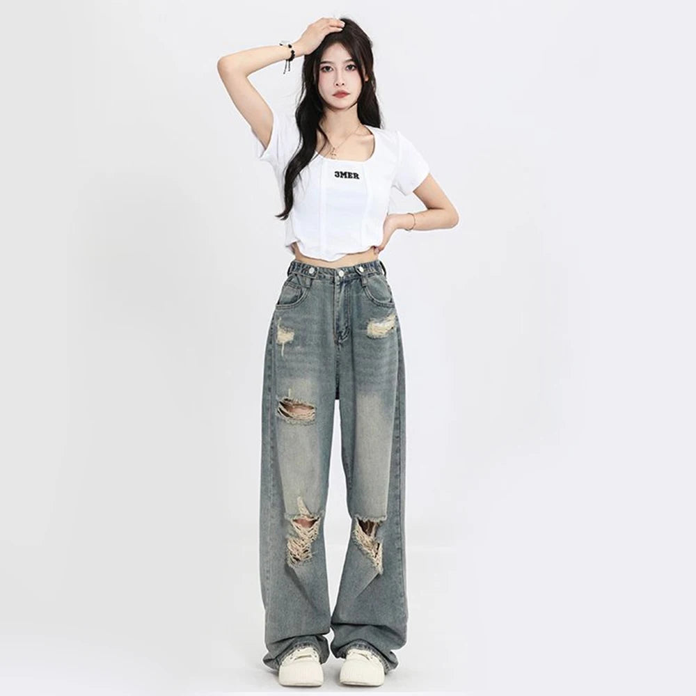 Women's Distressed Wide Leg Denim Jeans For Everyday Outfits