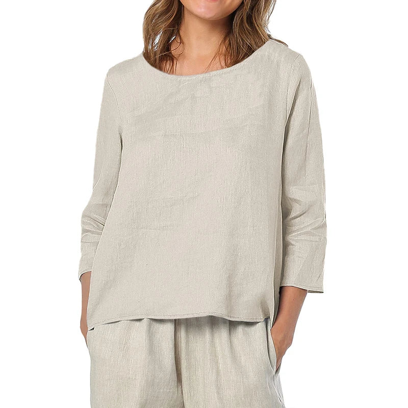 Women's Linen Loose Round-Neck Three-Quarter-Sleeve Blouse with Asymmetric Hem for Summer Outfits