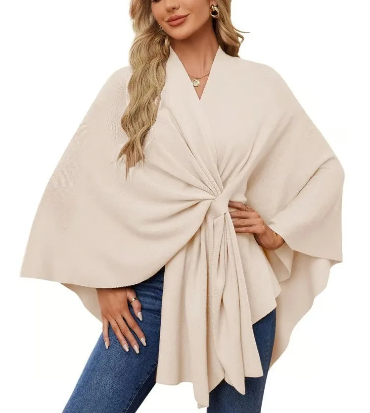Ribbed Open Front Drape Poncho for Layering over Outfits