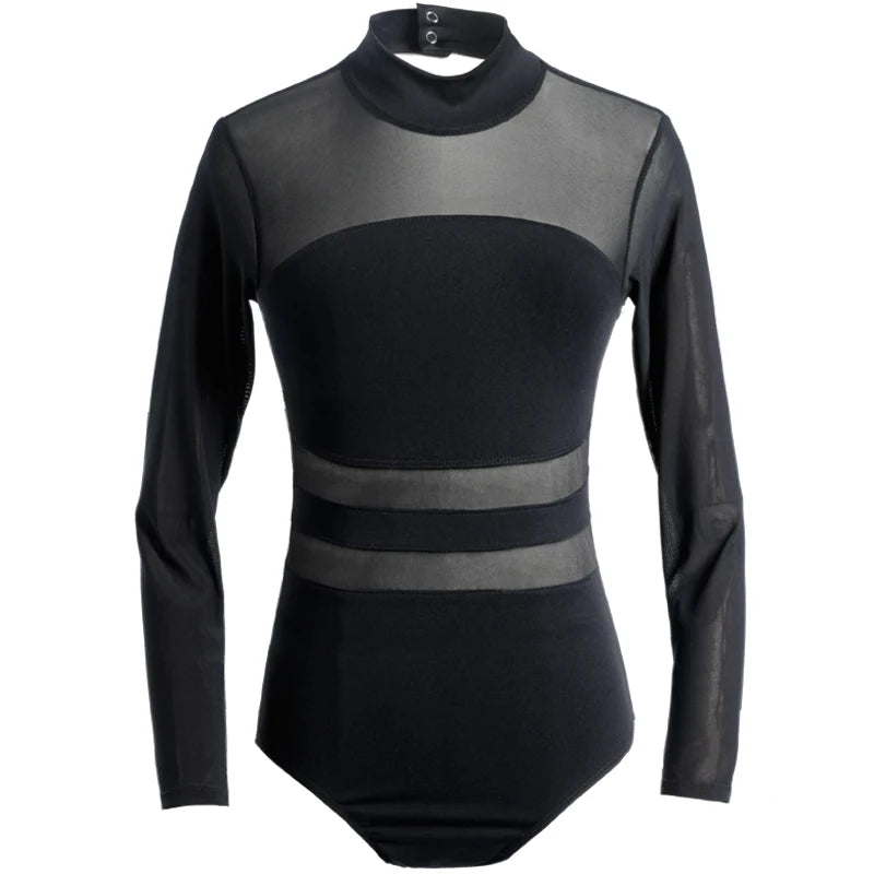 Women's Long Sleeve Ballet Leotard with Mesh Waist and Open Back