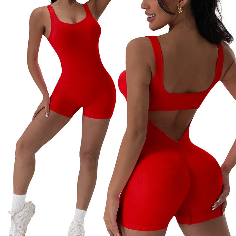 Women's Open Back Nylon Blend Workout Romper with Tank Neckline and Short Legs