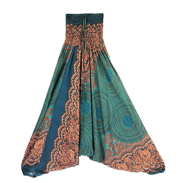 Women's Printed Nylon Harem Pants with Smocked Waist and Convertible Styling