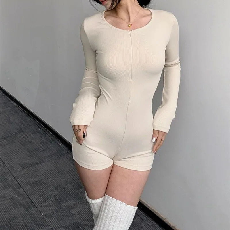 Women's Fitted Long Sleeve Polyester Romper with a V Neckline