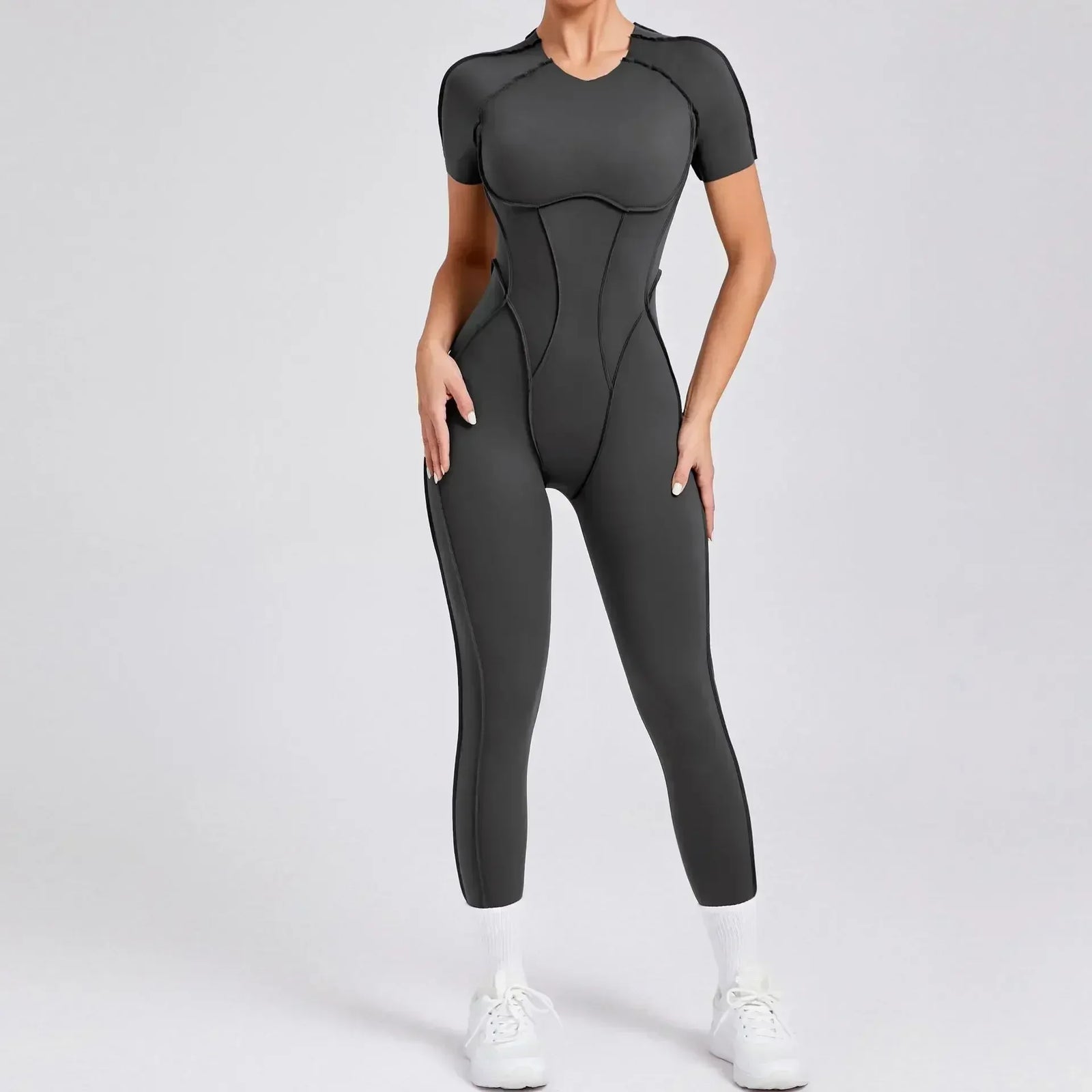 Women's Short Sleeve Nylon Blend Workout Jumpsuit with Open Back