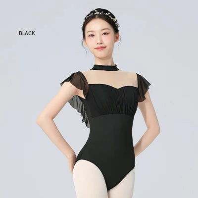 Women's Short Sleeve Ballet Leotard with Ruffled Mesh and Open Back