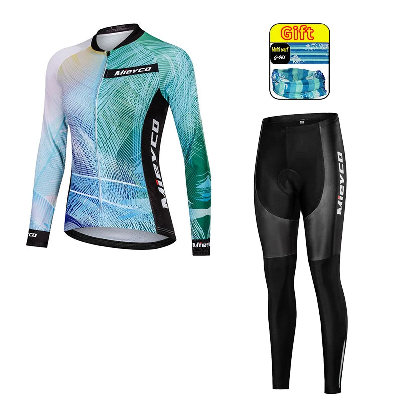 Women Long Sleeve Cycling Jersey Set MTB Bike Pants Kit Breathable Sportswear