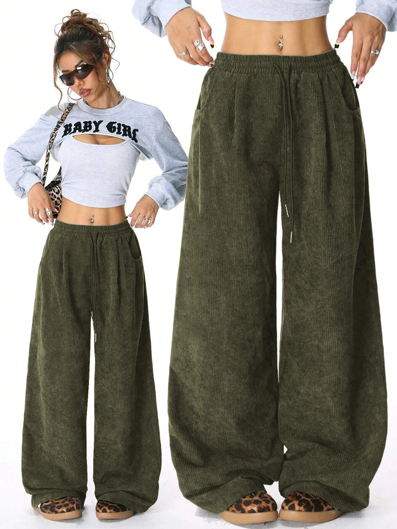 Women's Corduroy Style Drawstring Pants with Wide Legs and Pockets