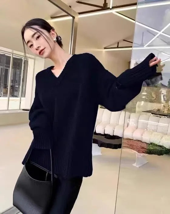 V-neck 100 pure wool sweater for women in autumn and winter, loose and thick sweater, long-sleeved knitted top