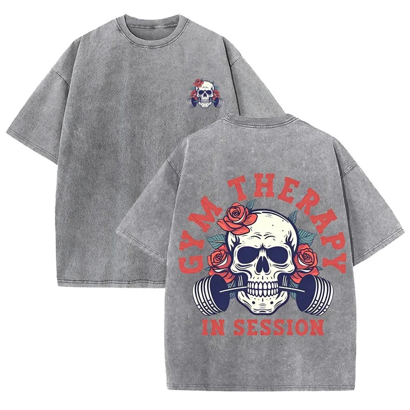 Gym Therapy In Session Skull Rose Print Vintage Washed Workout T Shirt