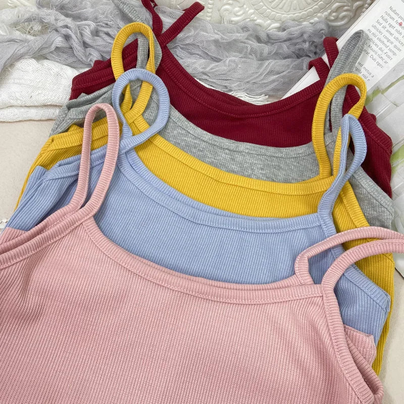 Women's Ribbed Crop Top with Spaghetti Shoulder Straps and Cropped Length