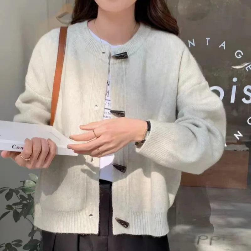 Versatile Crew Neck Autumn and Winter Sweater Wool Coat 100% Pure Cashmere Knitted Cardigan for Women Top