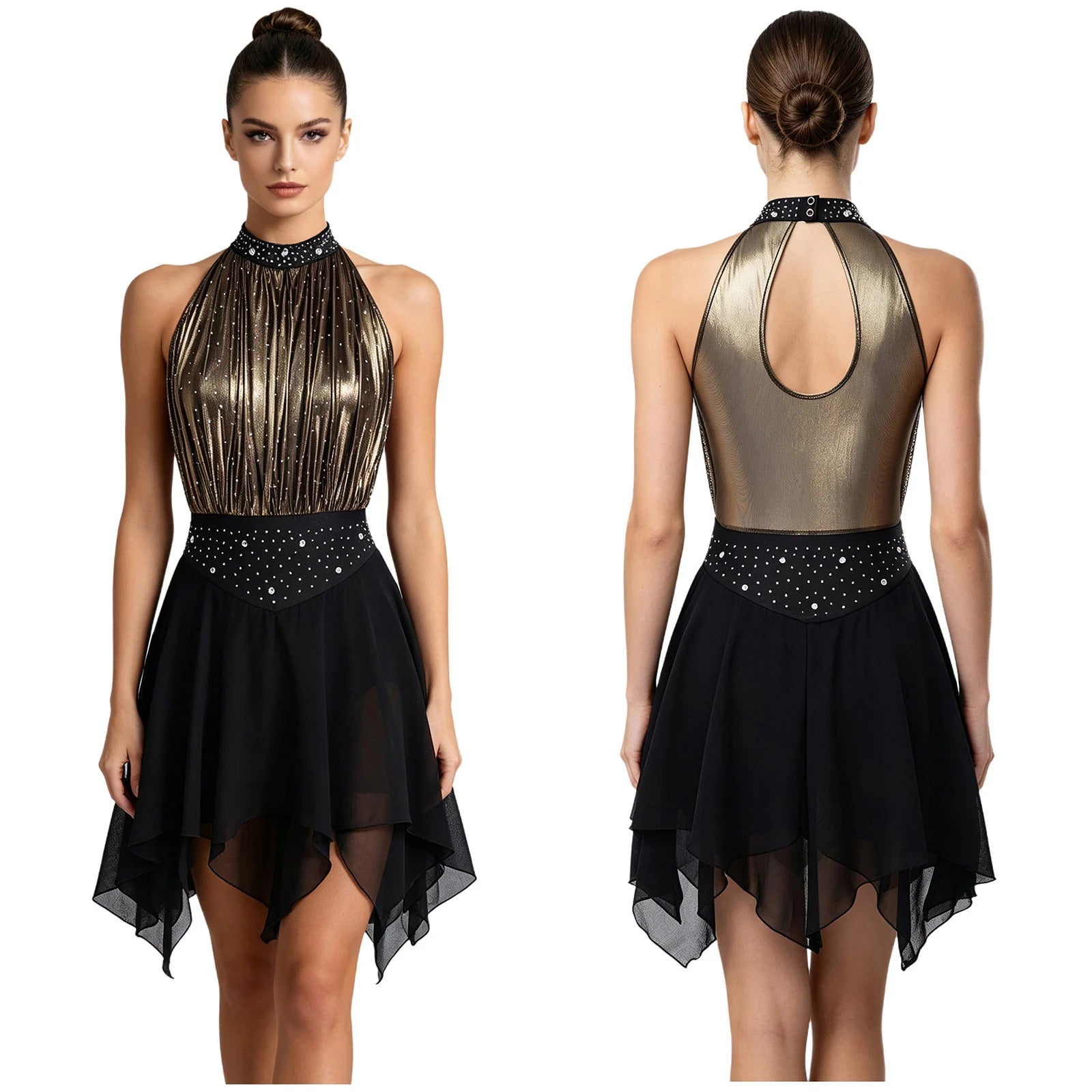 Women's Metallic Halterneck Dance Dress with Rhinestones and Flowing Asymmetric Skirt