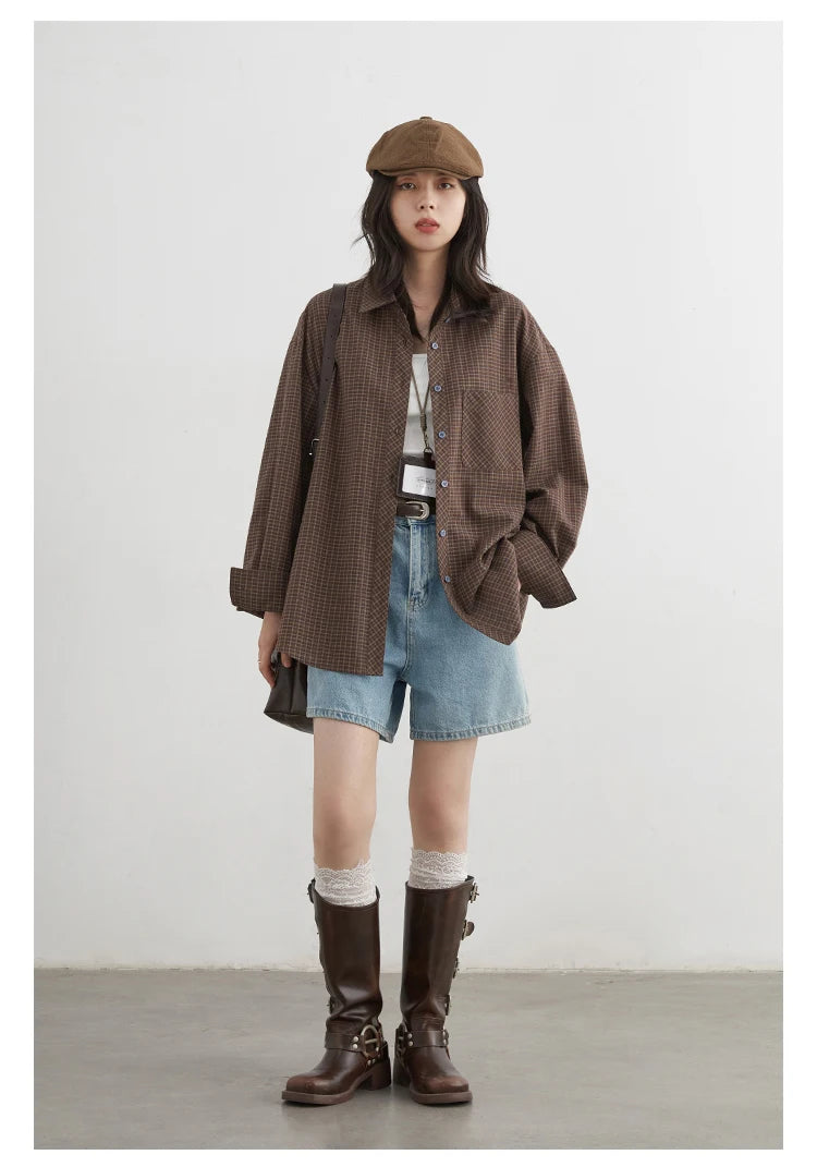 Women's Checked Long Sleeve Shirt with Plain Colour Options