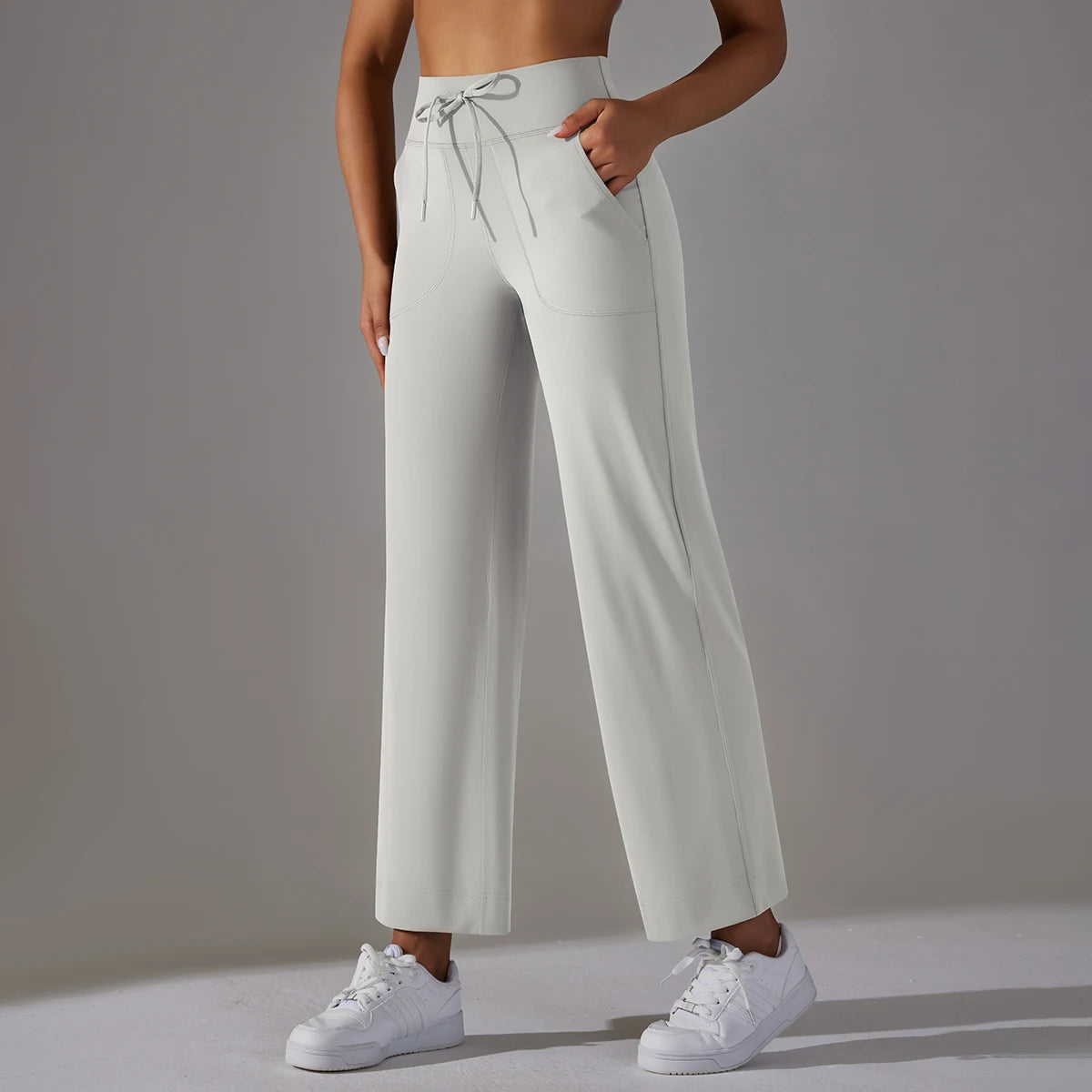 Women's Drawstring Waist Nylon Blend Cropped Wide Leg Pants with Side Pockets