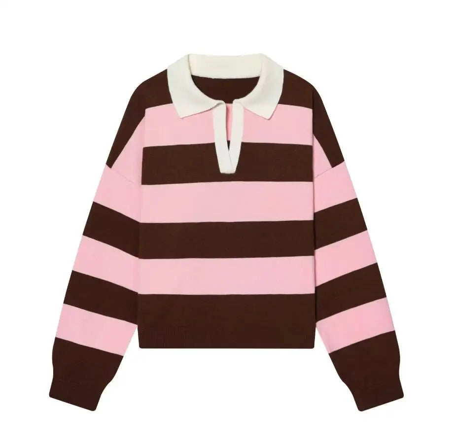 Women's Striped Polo Collar Loose Fit Sweater Casual Knit Layer