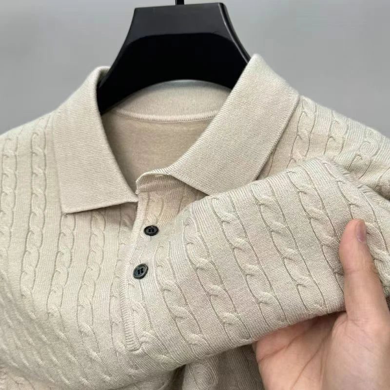 Men's Cable Knit Polo Collar Long Sleeve Sweater