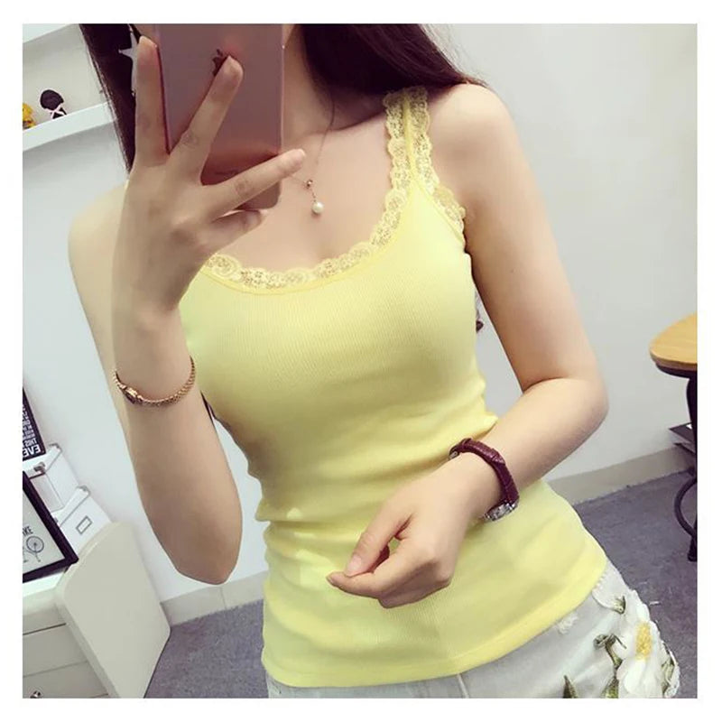 Women's Lace Trim Cotton Tank and Camisole Tops with Multiple Strap Styles
