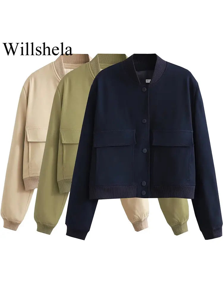 Women's V-Neck Button-Front Bomber Jacket