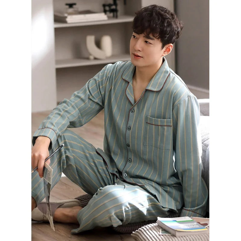 Men's Printed Button Front Long Sleeve Shirt and Pants Pajama Set