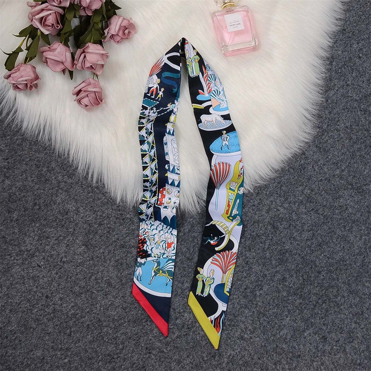 Horse Motif Skinny Ribbon Scarf with Printed Designs
