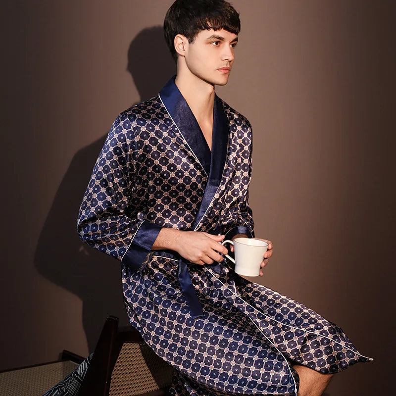Men's Printed Long Sleeve Tie Waist Lounge Bathrobe
