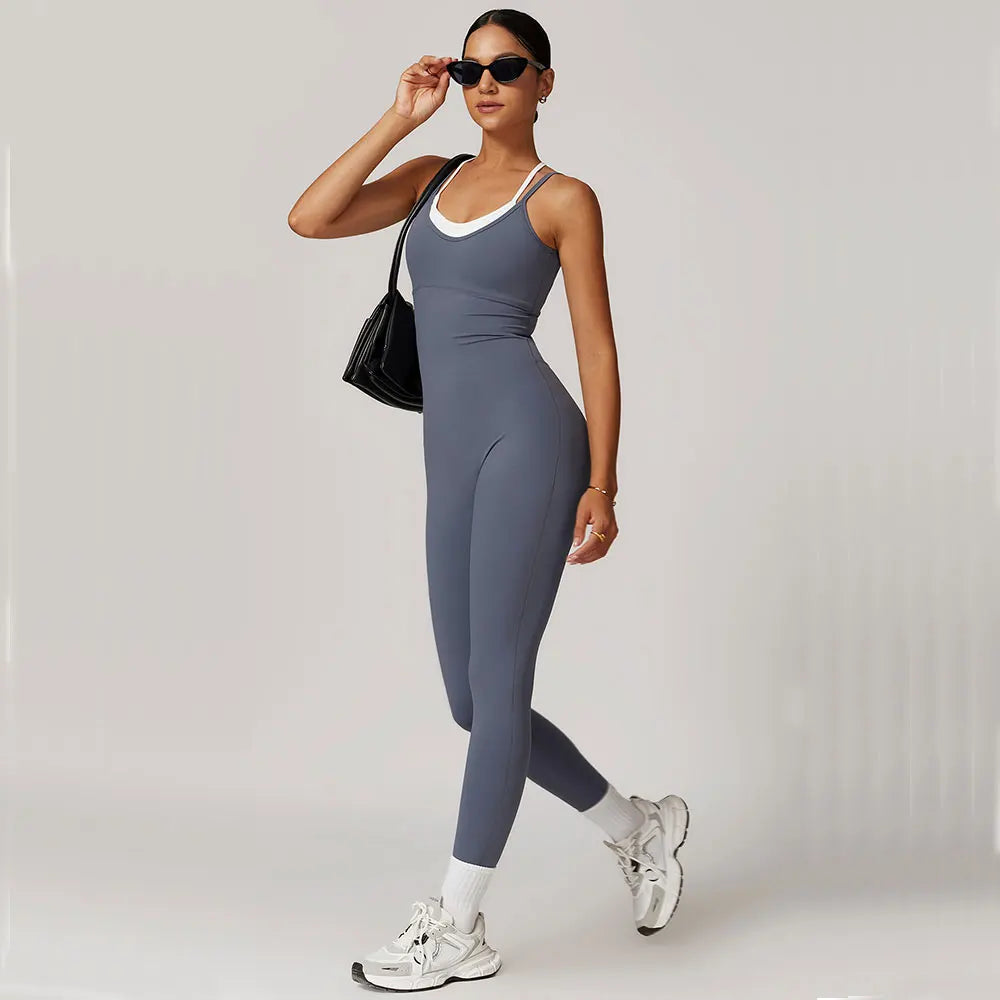 Women's Cross Back Nylon Blend Workout Jumpsuit with White Trim and Long Legs