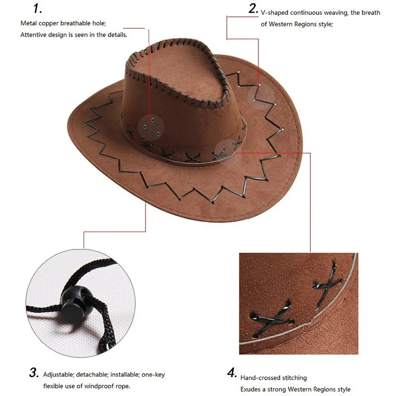 Wide Brim Cowboy Hat with Decorative Edge Stitching