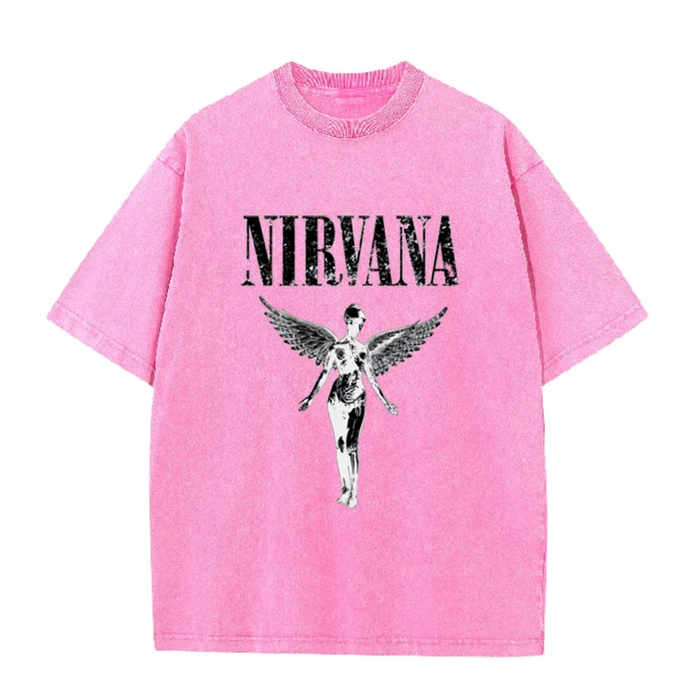 Vintage Distressed Washed Tee Nirvana Grunge Rock Silver Angel Skeleton Print Loose Fit Short Sleeve T Shirts