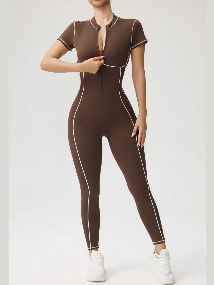 Women's Short Sleeve Nylon Blend Workout Jumpsuit with Back Cutout
