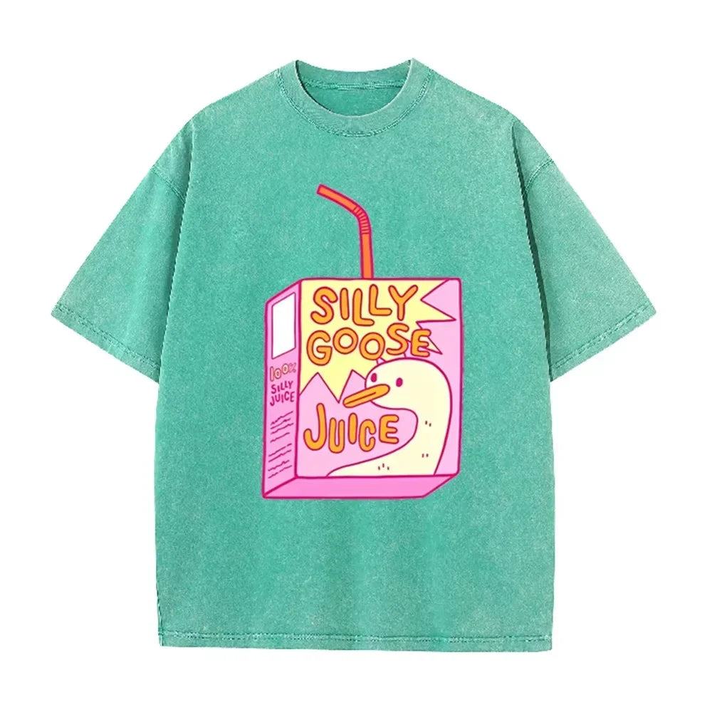 Cute Silly Goose Juice Box Print Washed Purple Y2K Aesthetic Women T-shirt