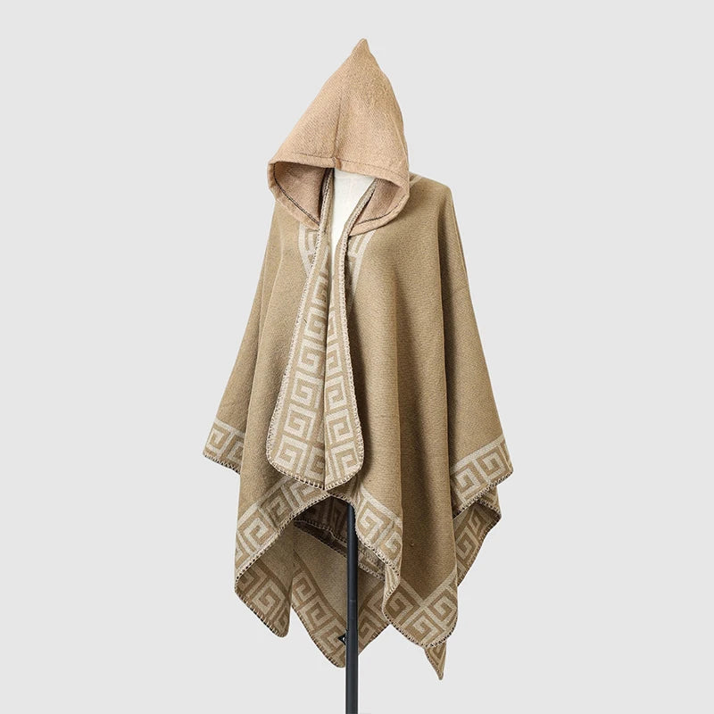 Hooded Geometric Border Poncho for Layering over Outfits