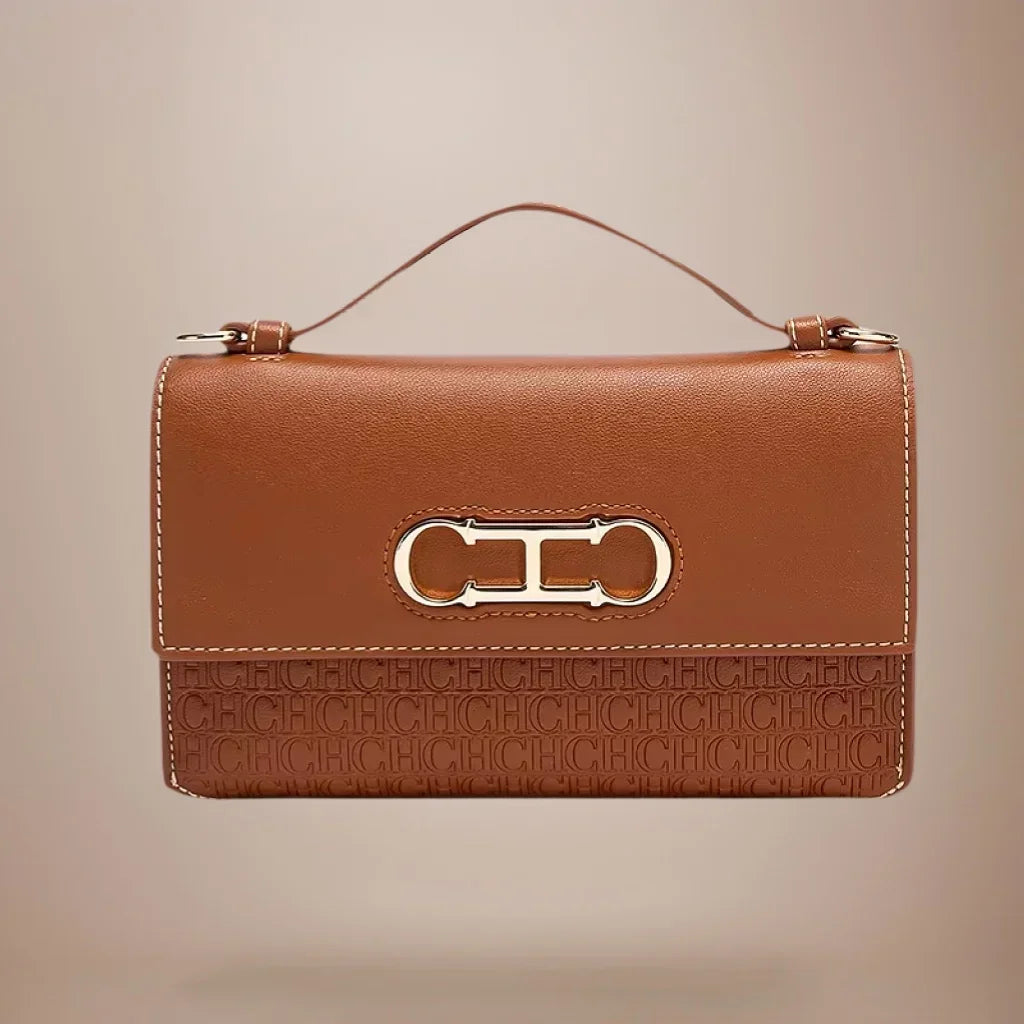 Women's Structured Flap Handbag with Metallic Clasp and Shoulder Strap