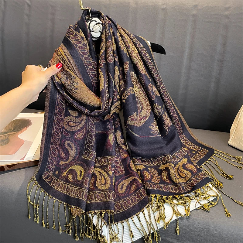 Paisley Floral Print Long Scarf with Fringed Ends