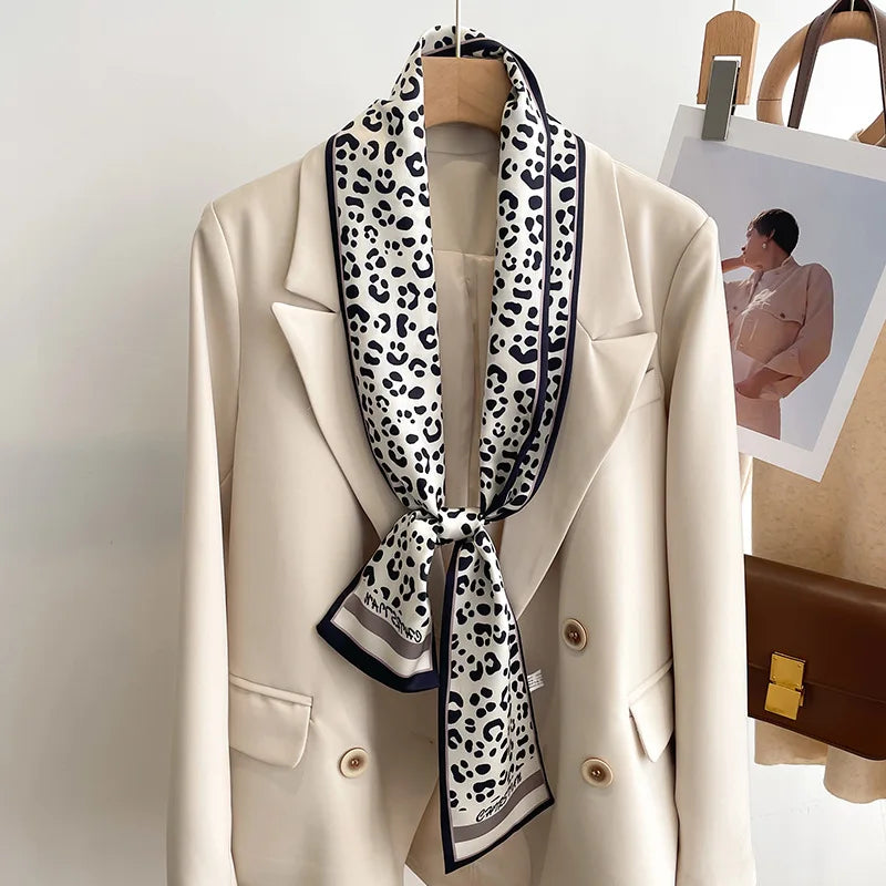 Printed Long Narrow Scarf with Decorative Ribbon Shape