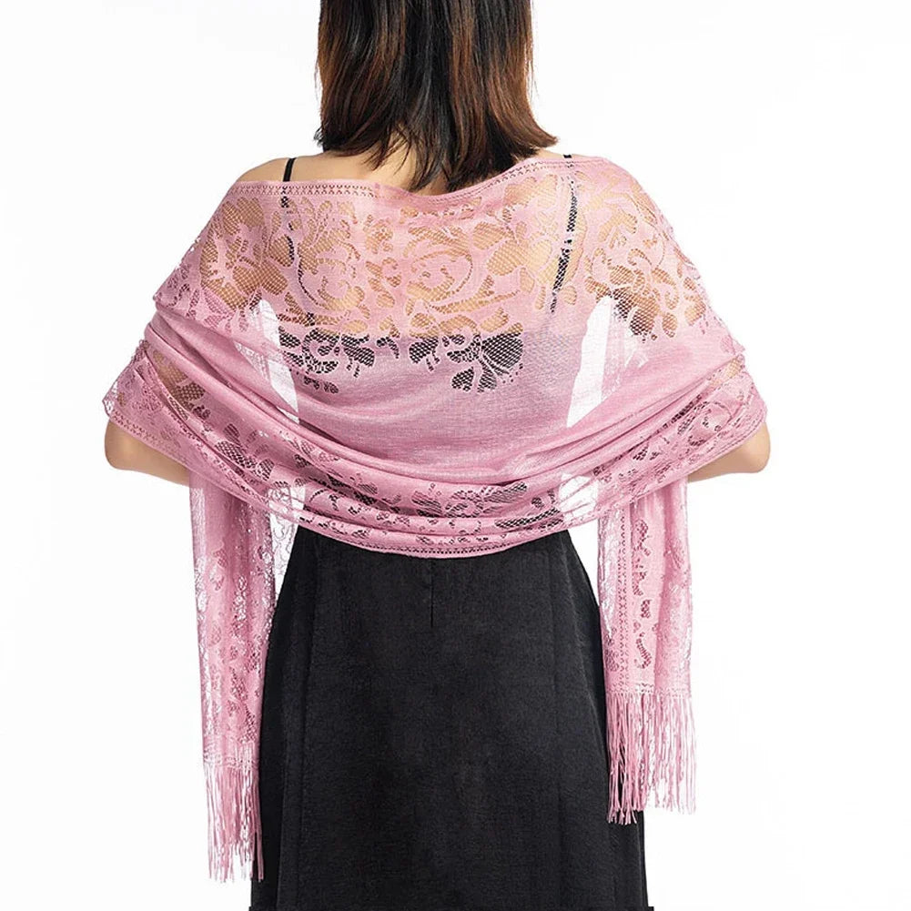 Floral Lace Fringed Wrap Scarf for Layering over Outfits