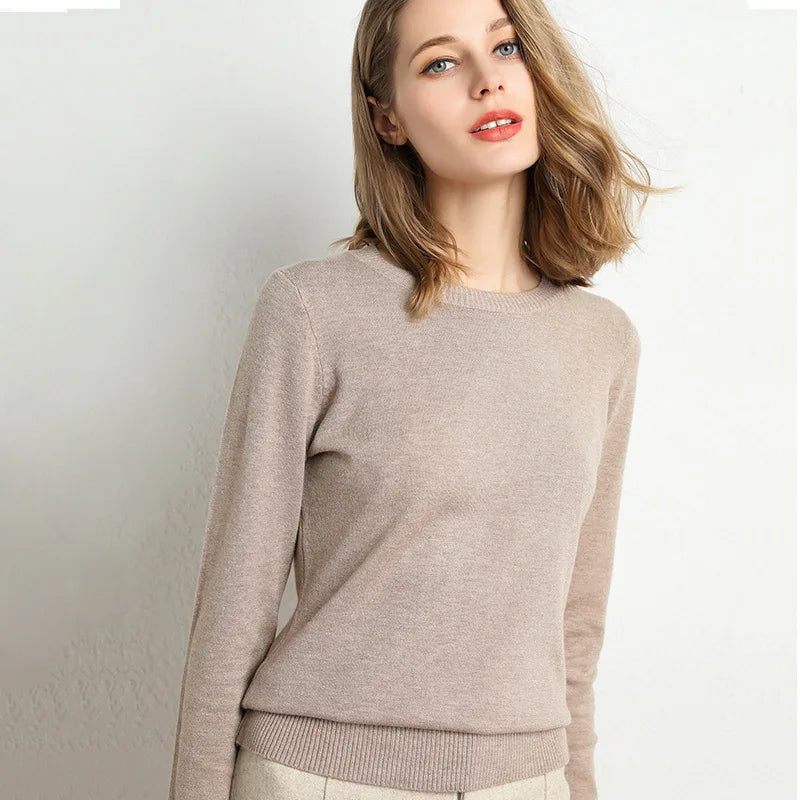 Women's Plain Crew Neck Long Sleeve Sweater Casual Knit Layer