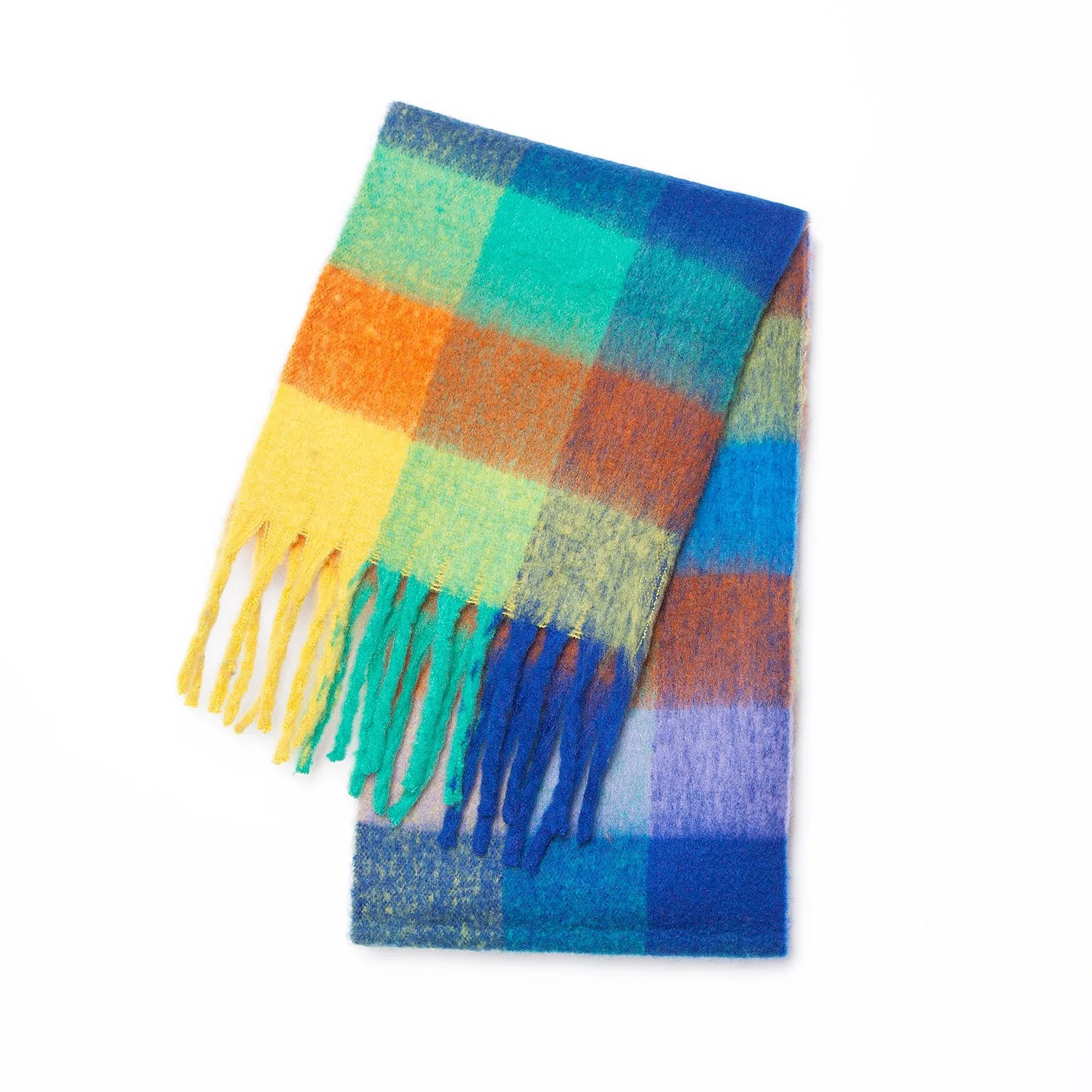 Multicolor Plaid Scarf with Long Shape and Fringed Ends