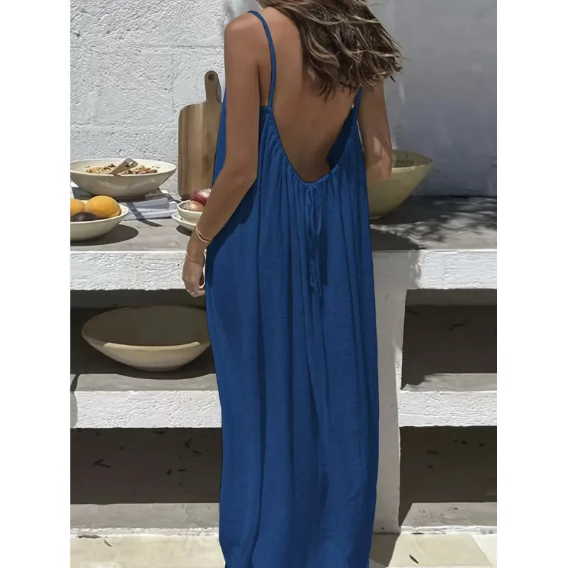 Women's Loose V Neck Spaghetti Strap Maxi Dress For Casual Outfits