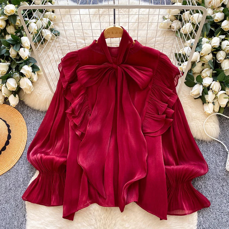 Women's Bow-Neck Long-Sleeve Blouse with Gathered Sleeves for Everyday and Office Outfits