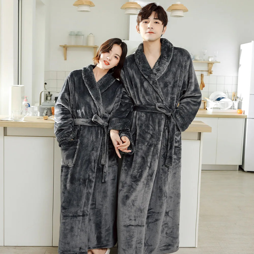 Fleece Lapel Collar Long Sleeve Tie Waist Homewear Bathrobe