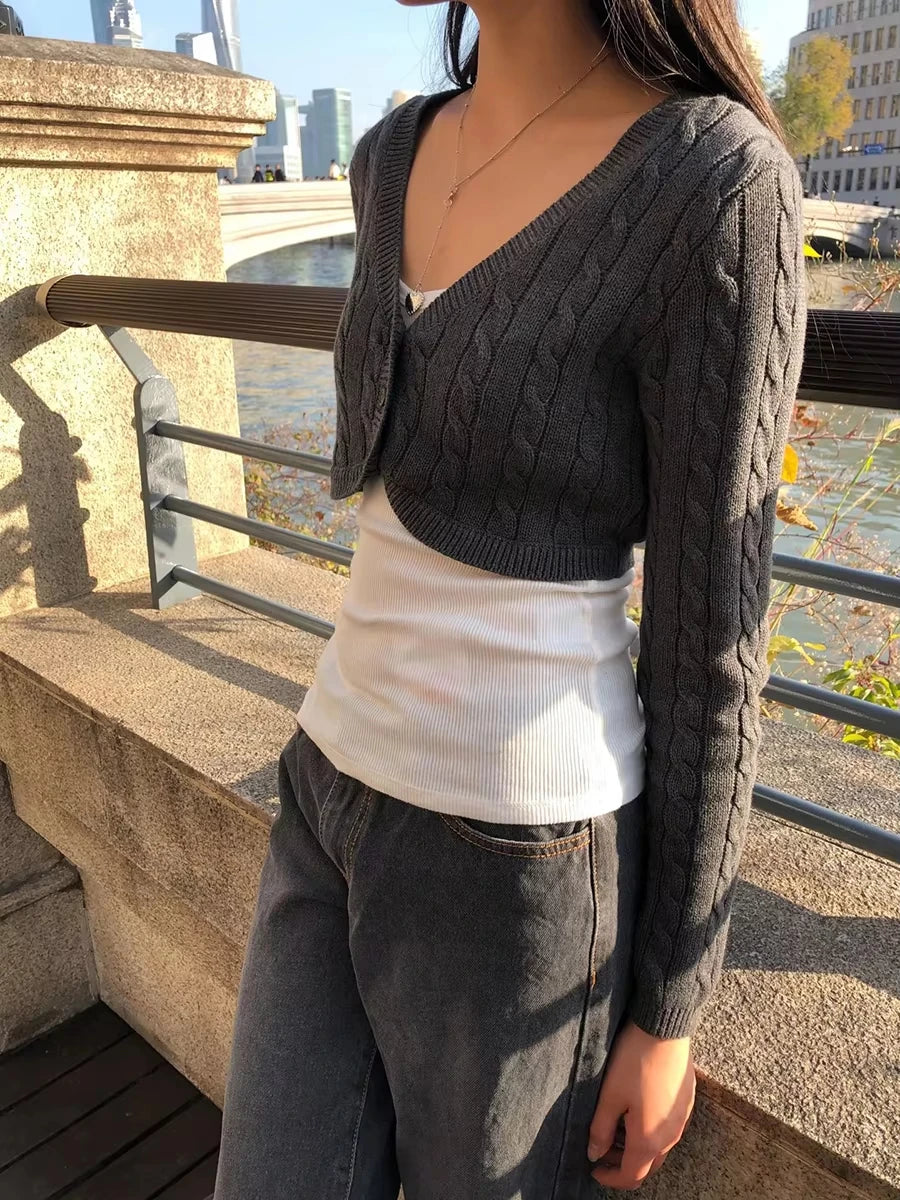 Women's Cropped V Neck Button Front Cardigan Casual Knit Layer