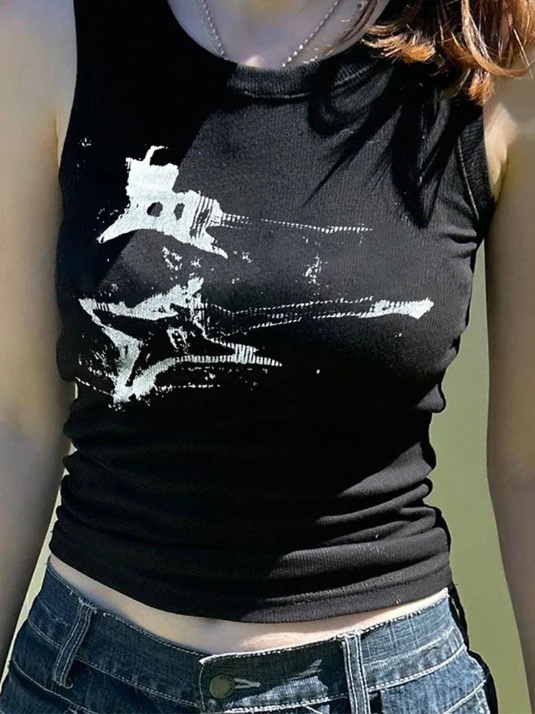 Women's Guitar Print Polyester Blend Crop Tank Top with Round Neck
