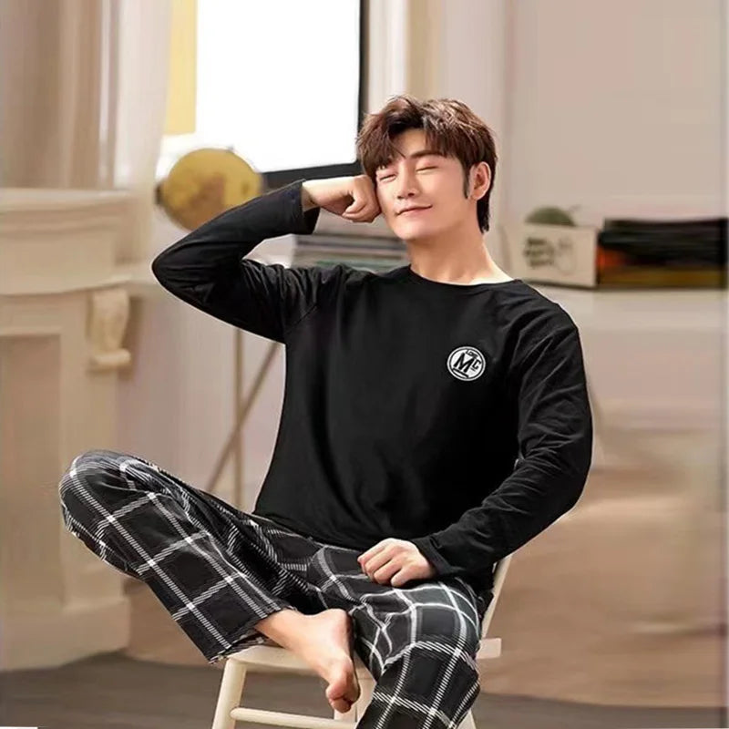 Men's Striped Long Sleeve Crew Neck Top and Pants Pajama Set