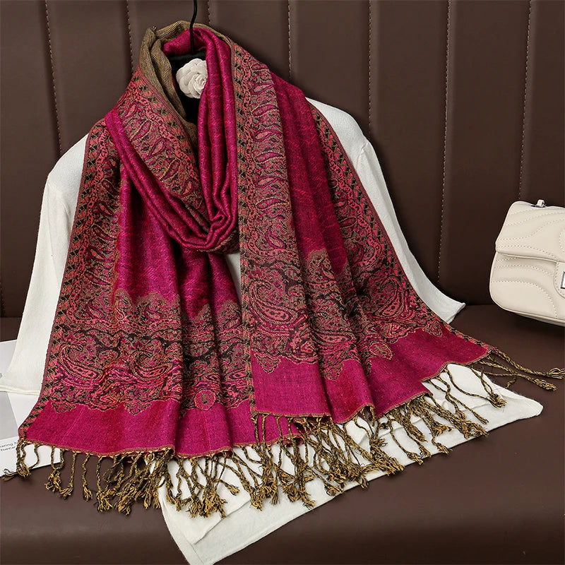 Paisley Floral Print Long Scarf with Fringed Ends