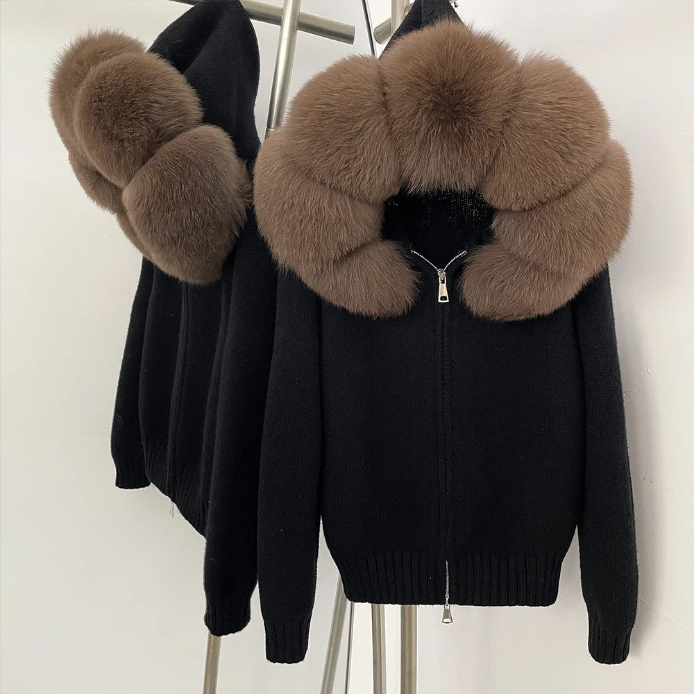 Women's Hooded Zip Front Fluffy Trim Jacket Casual Knit Layer