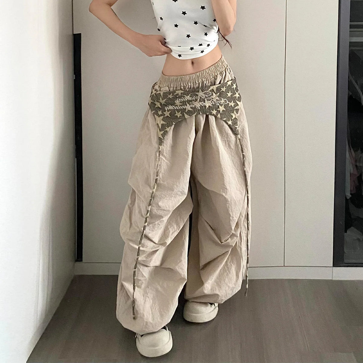 Women's Wide Leg Pants with Layered Waist and Embroidered Details
