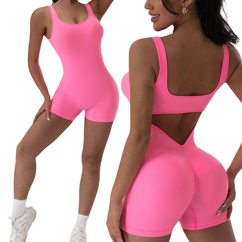 Women's Open Back Nylon Blend Workout Romper with Tank Neckline and Short Legs