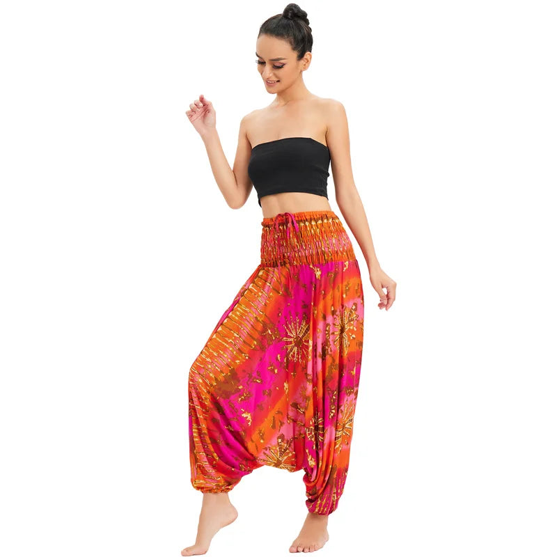 Women's Printed Rayon Harem Pants with Elastic Waist and Convertible Styling